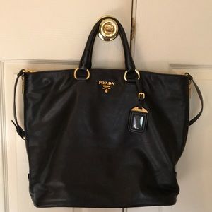 PRADA Black Leather Handbag. Gold Hardware.